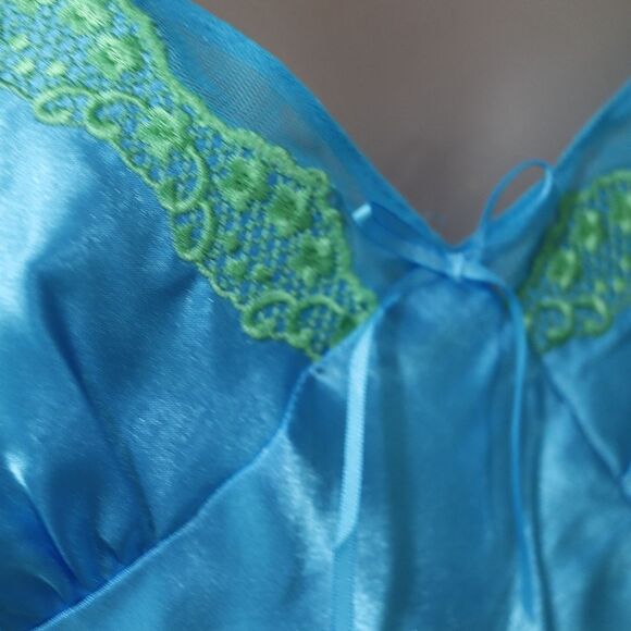 Morgan Taylor Blue Lime Green Satin Pajama Short Set Vintage 90s Medium - Picture 5 of 12